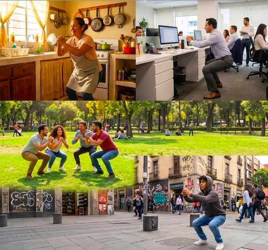 Personas haciendo sentadillas en distintos contextos: cocina, oficina, parque y calle