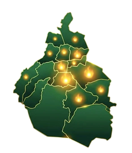 Mapa de la Ciudad de México con las 16 alcaldías iluminadas, representando la concentración de casos de sobrepeso, obesidad y diabetes tipo 2